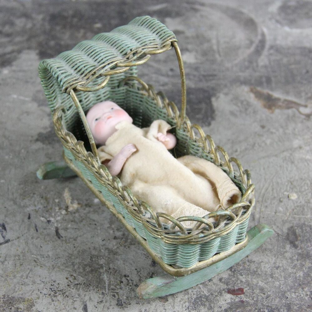 Antique One-Of-A-Kind Miniature China Doll in Wicker Cradle